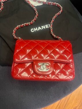 CHANEL Red Quilted Patent Mini Flap Crossbody